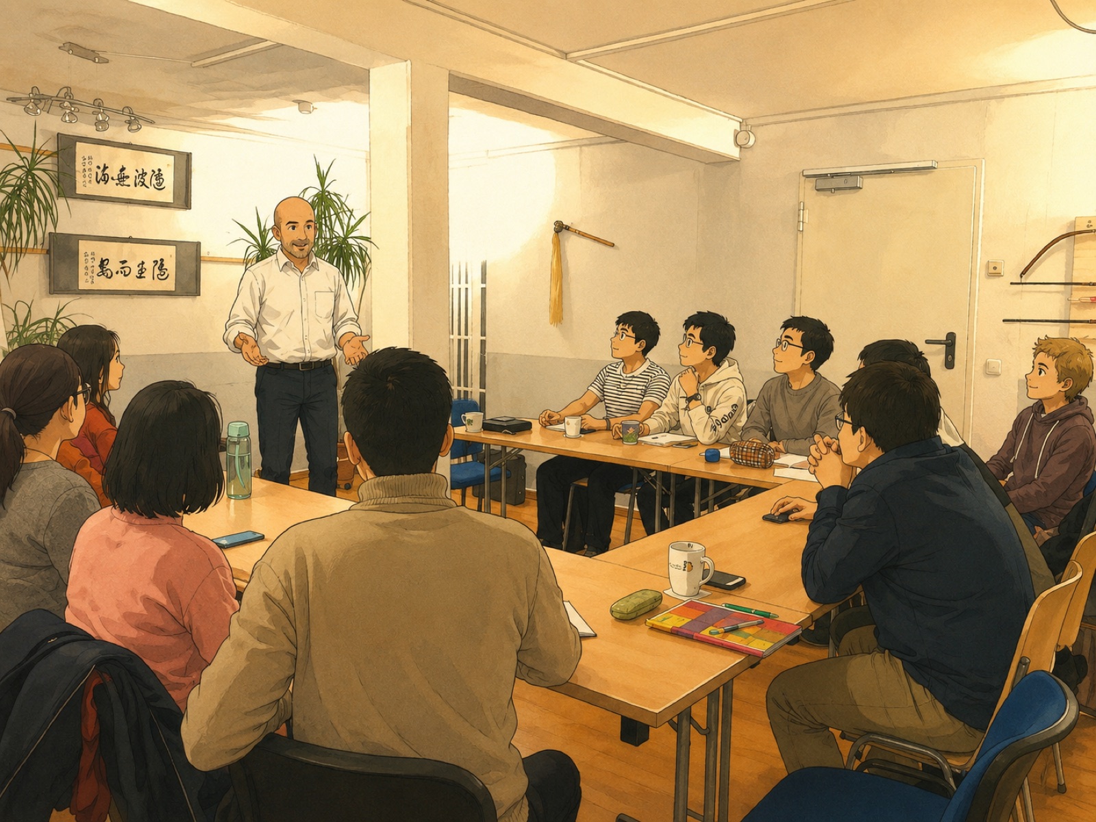 插画：会馆内的说明会，学生围坐在桌边聆听讲解