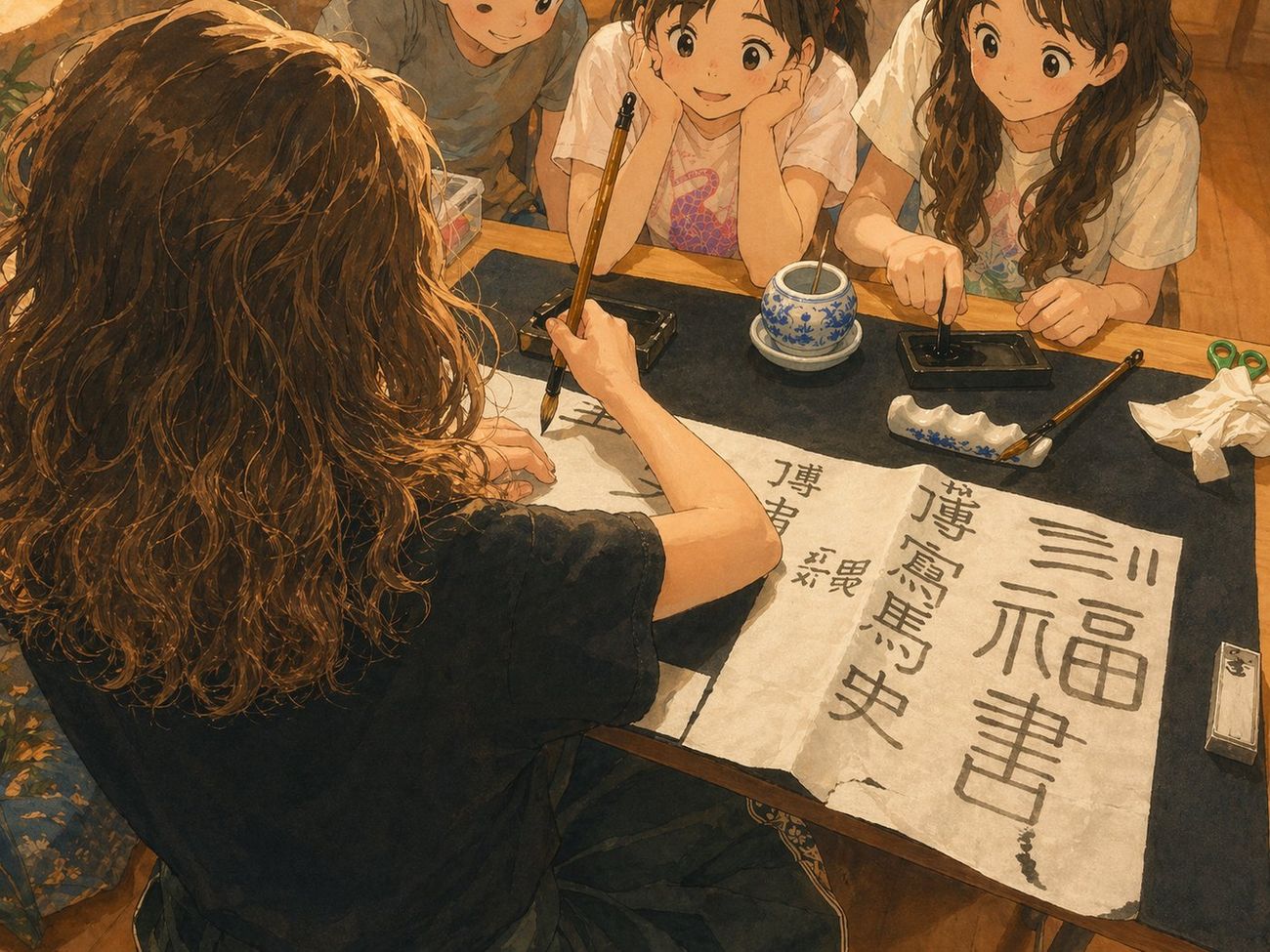 插畫:孩子們學習書法