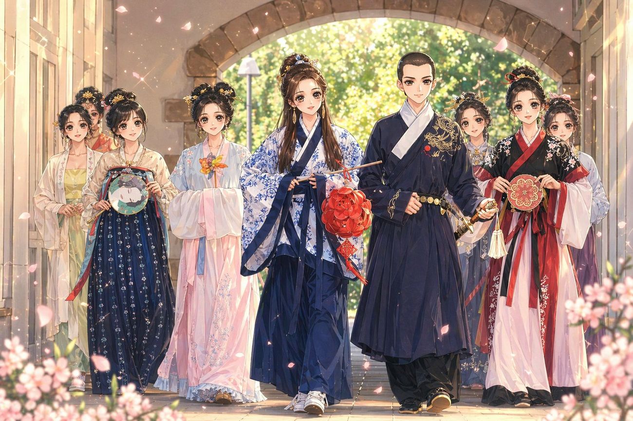 插畫：身著傳統服飾的新年節慶遊行