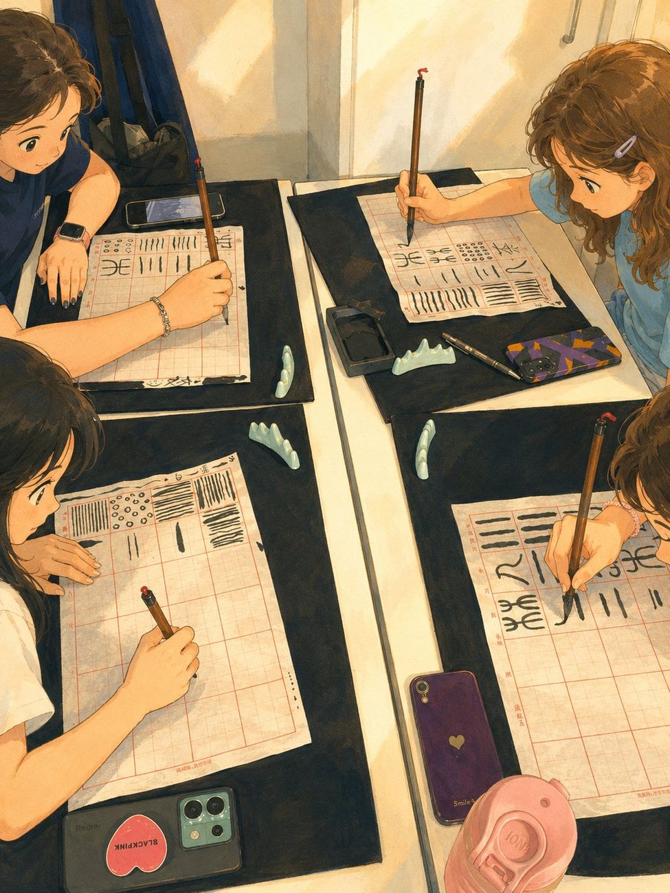 插畫:孩子與青少年以毛筆與墨練習中國書法