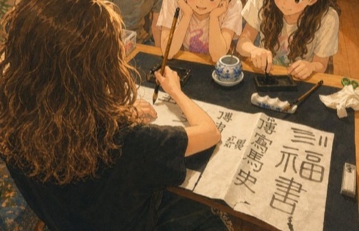 Illustration: Kinder beim Kalligrafie-Lernen
